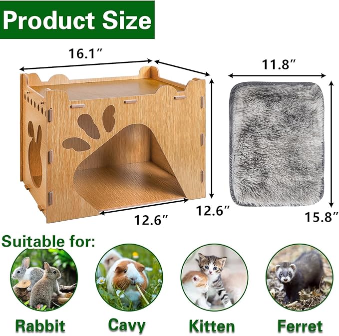 Yesland Rabbit Hideout Castle, Large Wooden Bunny Houses and Hideouts with Pet Pad, Detachable Small Animal Play Hideaway Hut and Playhouse for Indoor Bunnies Guinea Pig Hamster Chinchilla Gerbi