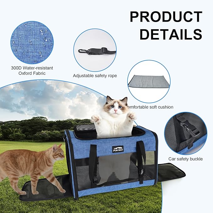 Soft Sided Cat Carrier for Large Cats, Pet Carrier for 2 Cats or Small Dogs Up to 25Lbs, Large Cat Carrier with Shoulder Strap, Cat Car Carrier with Safety Buckle & Cushion, 20x13x13 inches, Blue