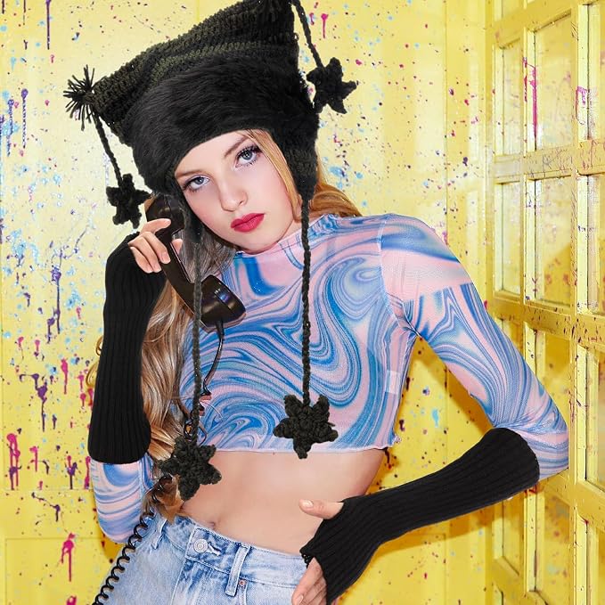 Y2k Beanie Cat Crochet Hats Cat Beanie Accessories with Kawaii Leg Cover for Women Girls