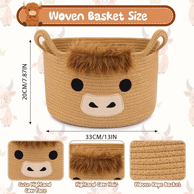 Oval Highland Cute Cow Basket for Nursery, Large Woven Gift Basket, Shelves Rope Cotton Storage Bins for Gifts Empty, Baby Shower Blanket with Handles,Towel Burr Decorative, 13"D x 8"H in