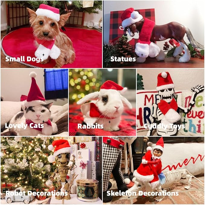 NAMSAN Christmas Cat Hats Costume, Santa Hat with Red Scarf for Cats Small Dogs, Rabbit Christmas Hat Outfit, Small Xmas Apparel for Statue Decoration