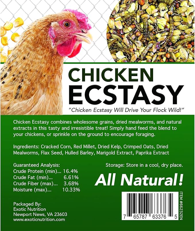 Exotic Nutrition Chicken Ecstasy (3 lb) - Healthy All-Natural Backyard Chicken Feed - Grains, Dried Mealworms & Natural Extracts - Promotes Healthy Chickens & Eggs