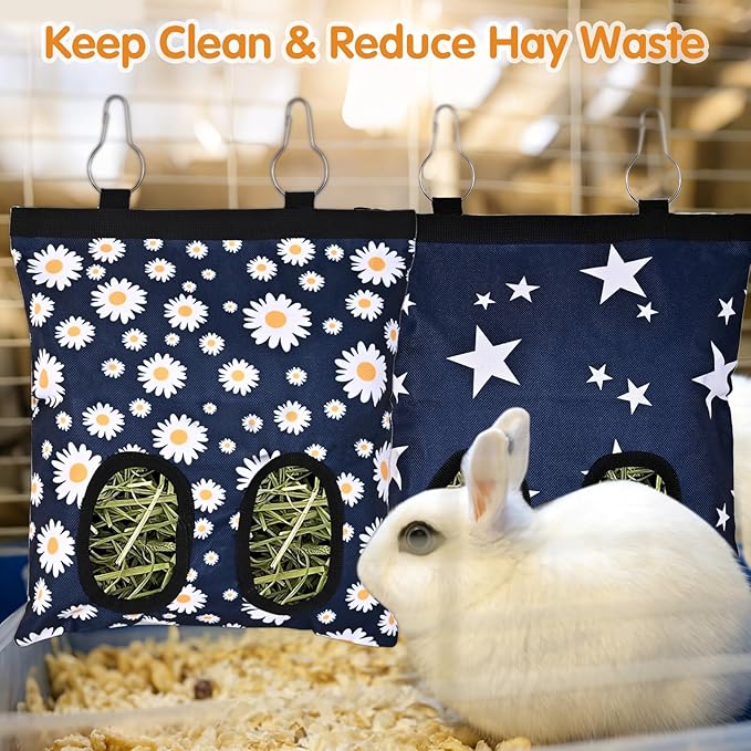 Upgraded Rabbits Hay Feeder Bag for Bunny, Guinea Pigs, Chinchillas - Hanging Washable 2-Hole Hay Dispenser with 600D Oxford Fabric, Small Animal Cage Accessories （Blue Star and Blue Daisy）
