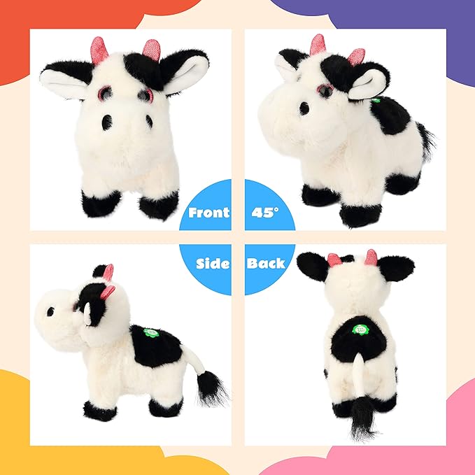 Walking Black Cow Stuffed Animal Speaking Moo Plush Cattle Electric Interactive Animated Plushies Toy for Girls Boys Birthday