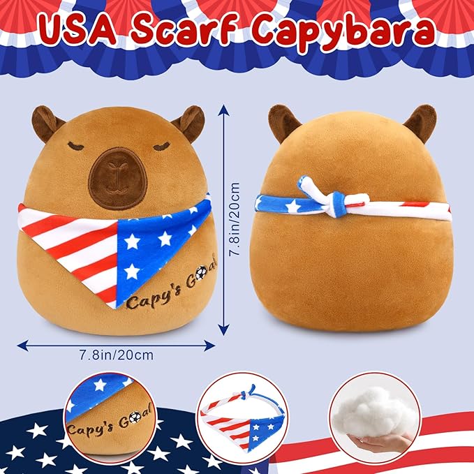Capybara Plush with USA Flag Scarf - 8" Cute Stuffed Animal, Patriotic Decorations for July 4th & Memorial Day, Soft Toy Gift for Kids Adults 250 Anniversary Decorations