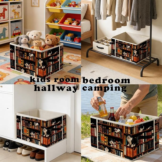 Vintage Cat Book Lovers Storage Bins, Bookish Tuxedo Cat Foldable Closet Organizers Storage Basket Toybox for Reading Corner Room Library Bedroom Bathroom Home Clothes Toys Books