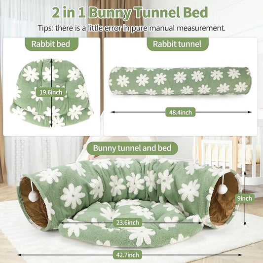 BWOGUE Bunny Tunnel Bed, 2-in-1 Collapsible Tunnel Tubes Toys with Removable Mat Hideout for Cats Kittens Rabbits Guinea Pigs Kitty (Flower Green)