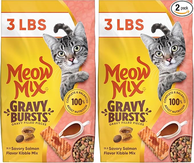 Meow Mix Gravy Bursts, Savory Salmon Flavor Kibble Mix, Gravy Filled Dry Cat Food, 3 lb. Bag (Pack of 2)