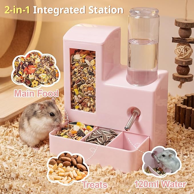 2 in 1 Hamster Water Bottle, No Drip 120ml Hamster Water Bottle, Gravity Hamster Food Bowl with Snack Bowl, Hamster Cage Accessories for Cage for Guinea Pigs