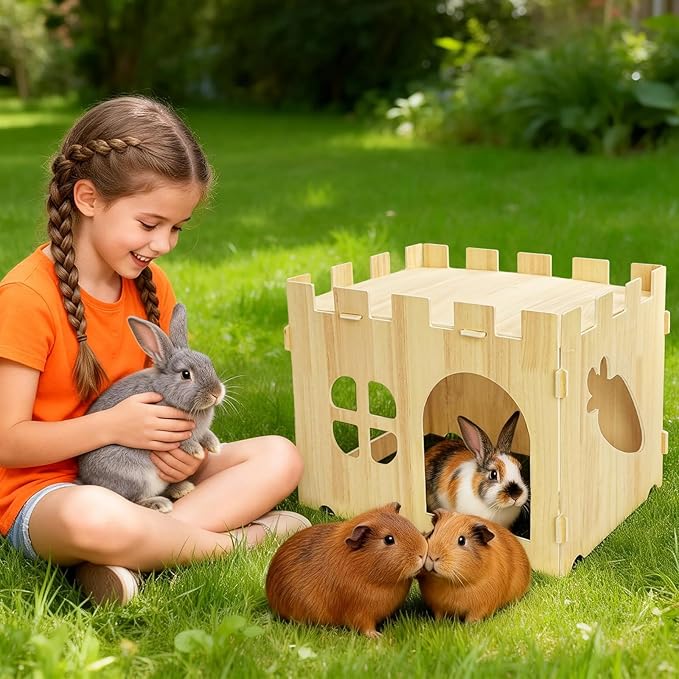 WUWEOT Large Wooden Rabbit House, 15.3''x11.3''x11.8'' Wood Bunny Hideout Castle, Small Animal Play Hideaway Hut and Playhouse for Indoor Adult Bunnies Guinea Pig Hamster Chinchilla Gerbil