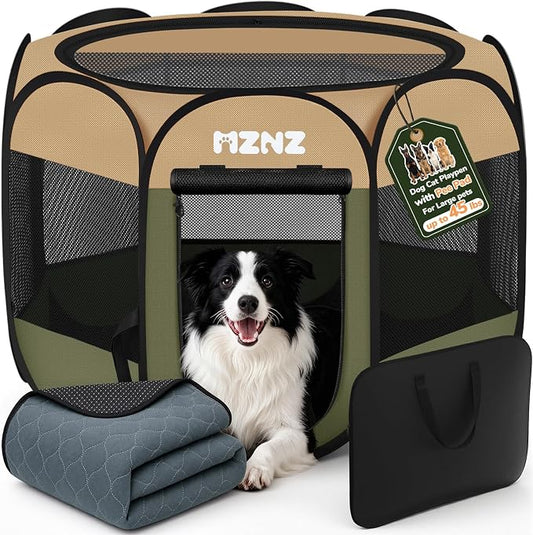 Dog Playpen with Pee Pad, Portable Puppy Pet Crate Indoors for Small/Medium/Large Dogs Cats Rabbits, Foldable Dog Cage Enclosure Outdoor, Pop Up Dogs Tent Kennel with Carrying Case, Olive Green