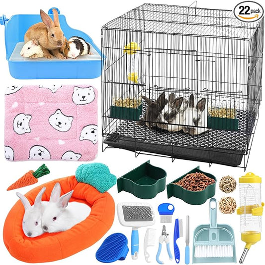 Abbylike 22 Pcs Rabbit Starter Kit with Cage, Rabbit Grooming Kit Bunny Cage Set with Bed, Litter Box, Water Bottle, Feeders, Toys, Grooming Cleaning Supplies for Indoor Rabbits Small Pets(Blue)