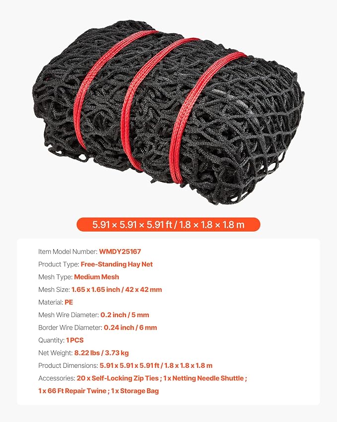 VEVOR Round Bale Hay Net, 5.91 x 5.91 x 5.91 ft, 1.65 inch Holes, PE Material, Knotless Design, with Zip Ties, Needle Shuttle, Repair Twine and Storage Bag, Slow Feeder Round Bale Net for Horses