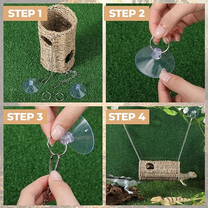 CroBlissful Reptile Hide Cave Hollow Cave Hideout with 2 Pcs Suction Cup and Chain Gecko Hide Reptile Tank Decor Seagrass Fiber Climbing Toy for Lizard Snake Hermit Crab(Long Cylindrical,Pale Yellow)