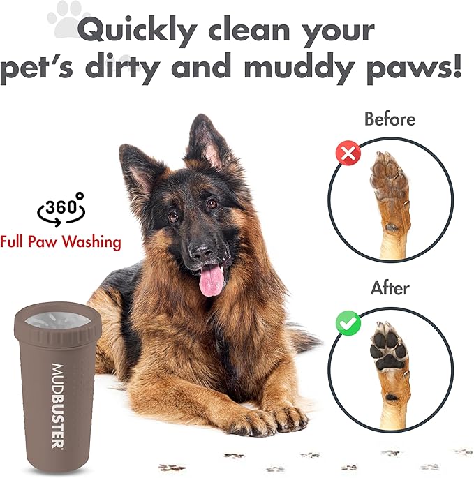 Dexas MudBuster Large Dog Paw Cleaner in Taupe - Fits 2.5"-3.5" Wide Paws, Portable Paw Washer for Muddy Paws, Dog Paw Cleaning Cup with Gentle Silicone Bristles, Quick Clean Pet Paw Washer