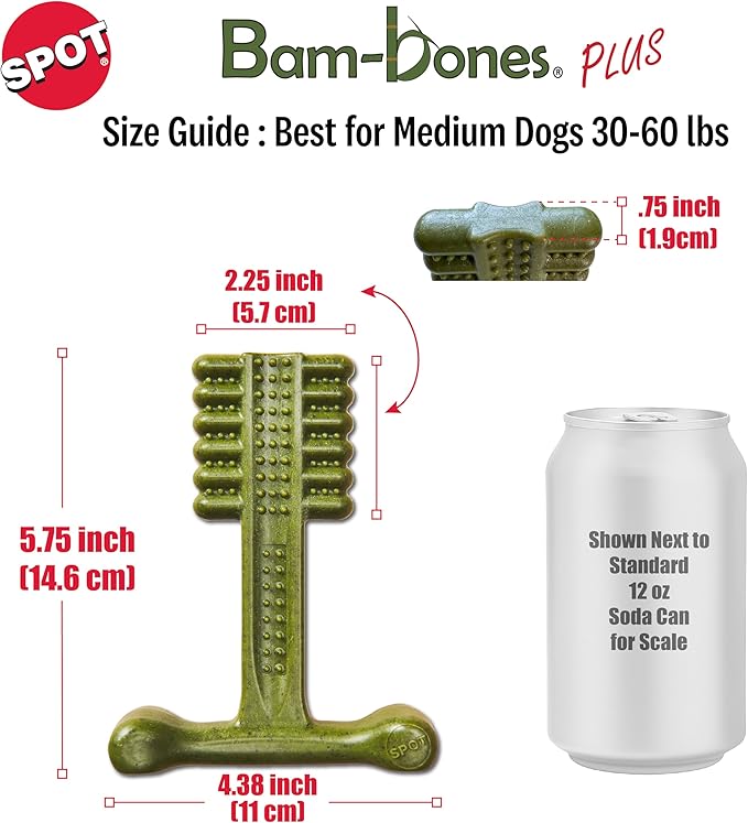 SPOT Bam-Bones Plus Toothbrush Dog Chew Toy for Medium Dogs 30-60 lbs, Bamboo & Nylon Dental Chew with Mint & Baking Soda, T-Bone Shape for Moderate to Heavy Chewers, 6 Inch
