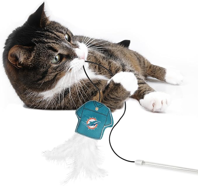 NFL Miami Dolphins Team Jersey Wand with CAT NIP, Cat Toy Jersey Shaped Plush Teaser Toy for Cats & Kittens - Interactive Pet Toy for Play & Exercise