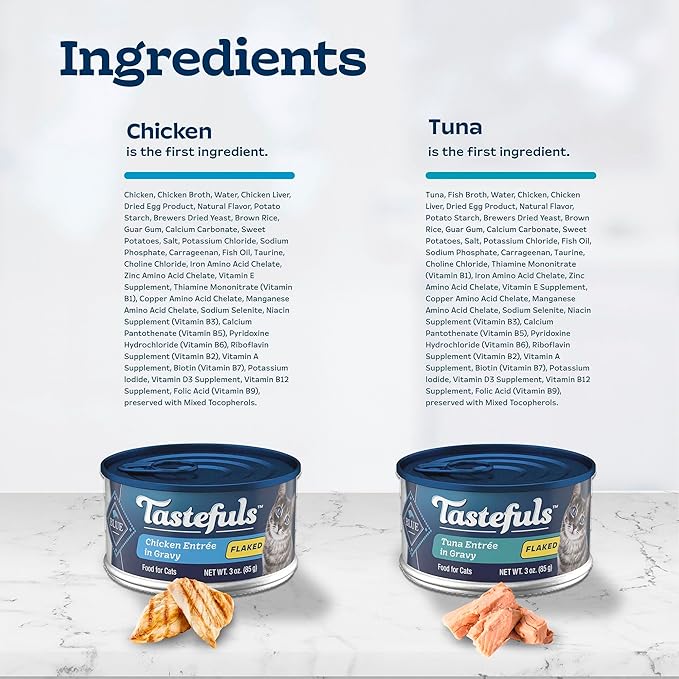 Blue Buffalo Tastefuls Wet Cat Food, Made with Natural Ingredients, Tuna and Chicken Flaked Entrées in Gravy, 3oz Cans, 4-Count Variety Pack Trial Size