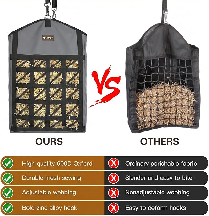 Ultra-Slow Feed Hay Bag for Horses, 3 Packs Hay Bags with Net Front Design,Wide Opening for Easy Filling,Two Types of Hanging for Feeding Goats, Sheep and Donkeys (1 Black+2 Grey)