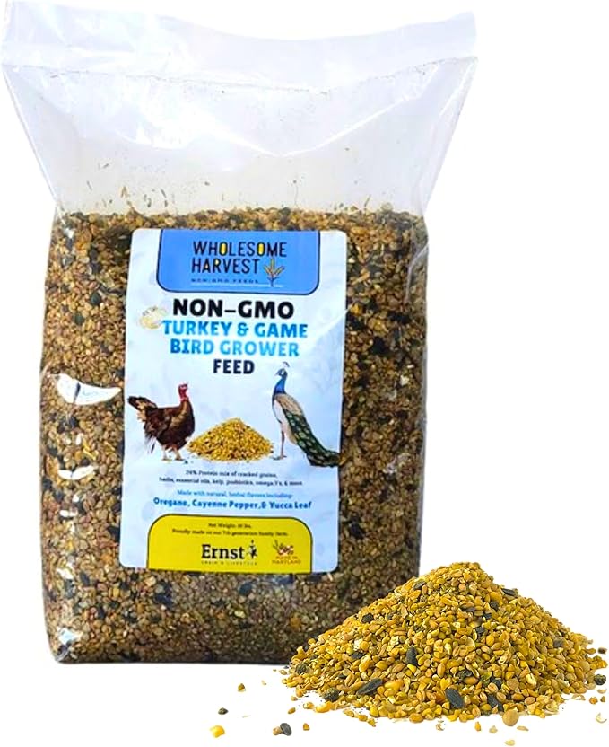 Non-GMO 10 lb Turkey Feed - Natural Peacock, Game Bird & Bird Feed, 24% High Protein Complete Food with Essential Oils, Herbs, Vitamins & Probiotics Formula for Healthy Flock Growth