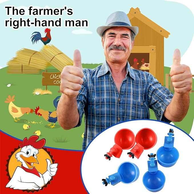 Tanlade 50 Pcs Automatic Chicken Waterer Cups Chicken Feeder for PVC Pipe Waterer Kit for Poultry Duck Goose Turkey Bunny (Red,Blue,Classic)