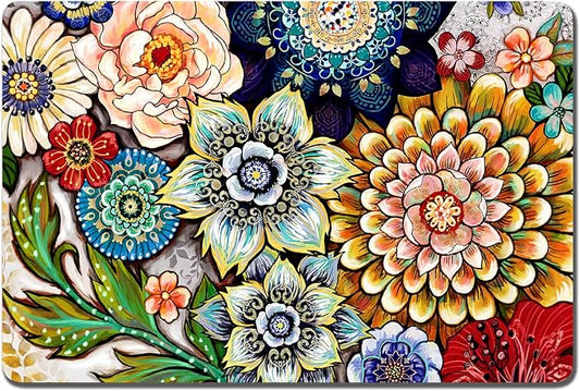 Rnivvi Dog Food Mat, 12" x 19" Flower Absorbent Dog Cat Bowl Mat for Food and Water, 3MM Anti-Slip Rubber Pet Feeding Rug Protect Floors, Puppy Placemat for Feeding & Watering Supplies, Mandala Floral