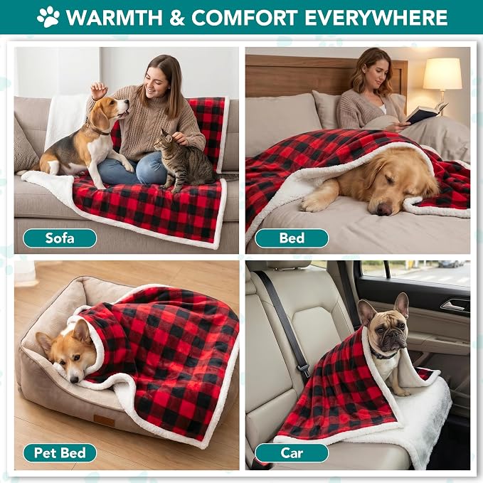 PetAmi Dog Blanket for Medium Large Dogs and Pets, Soft Sherpa Fleece Pet Blanket Throw for Cats Puppies, Reversible Plush Couch Cover Protector Sofa Bed Car Seat, Machine Washable, 80x60, Checker Red