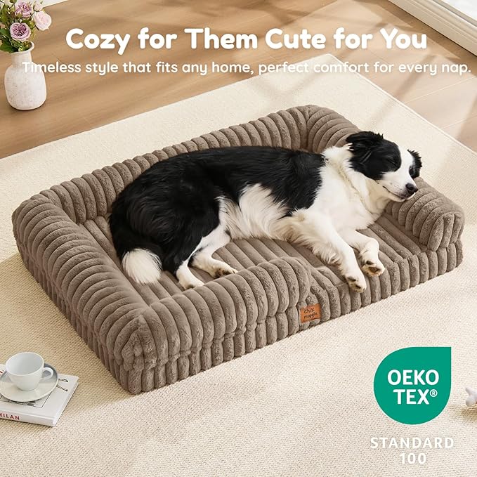 ChiXnuggle Orthopedic Dog Bed with Bolster Sides for Sleeping, Fluffy Plush Rectangular XL Dog Bed, Luxury Striped Faux Fur Waterproof Dog Couch with Removable Washable Cover, Taupe