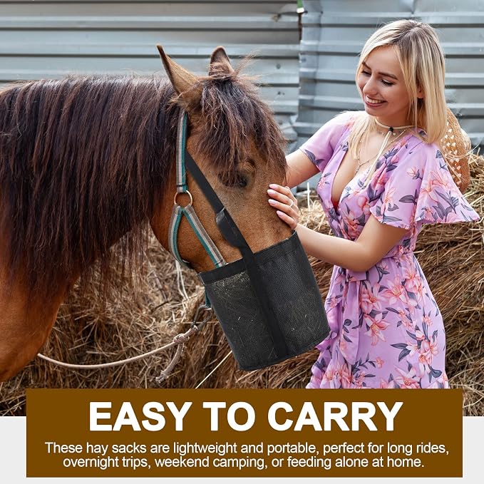 Sumind 2 Pcs Feed Horses Bag for Grain Hay Bags Heavy Duty Mesh Horse Feeder with Adjustable Strap Comfort Neck Pad Nose Pad and Waterproof Bottom Muzzle(Black)