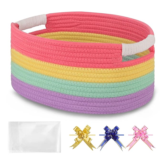 Small Woven Basket with Gift Bags and Ribbons, Empty Baby Gift Baskets for Kids Women Men, Shelf Storage, Small Cat Dog Pet Toy Boxes, 13”x 9”x 5.5”, Rainbow