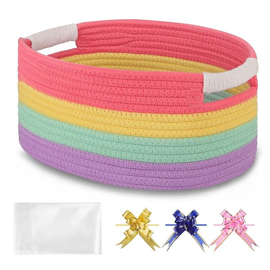 Small Woven Basket with Gift Bags and Ribbons, Empty Baby Gift Baskets for Kids Women Men, Shelf Storage, Small Cat Dog Pet Toy Boxes, 13”x 9”x 5.5”, Rainbow