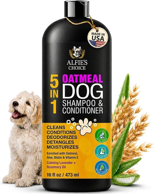 Oatmeal Dog Shampoo and Conditioner for Itchy Skin Relief | Puppy Shampoo for Sensitive Skin 5-in-1 | Cleans, Deodorizes & Detangles | Dog Wash for All Breeds | Made in USA | 16 fl oz | ALFIE'S CHOICE