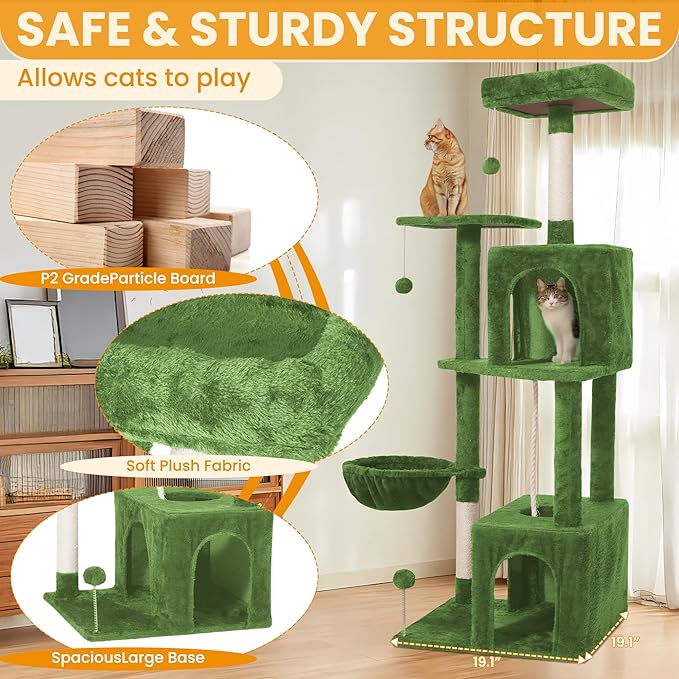 54-Inch Cat Tree Tower with 2 Caves & 2 Pompoms - Multi-Level Tower for Indoor Cats, Soft Plush Condo with Scratching Posts - Sturdy Base for Large Cats(Green)