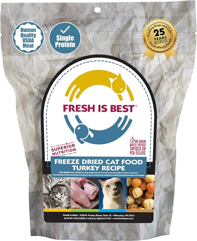 Fresh Is Best Turkey Freeze Dried Cat Food – Raw Healthy Freeze Dried Cat Treats in Resealable Zipper Bag – High-Protein Complete Meal for All Breeds and Sizes – Made in the USA