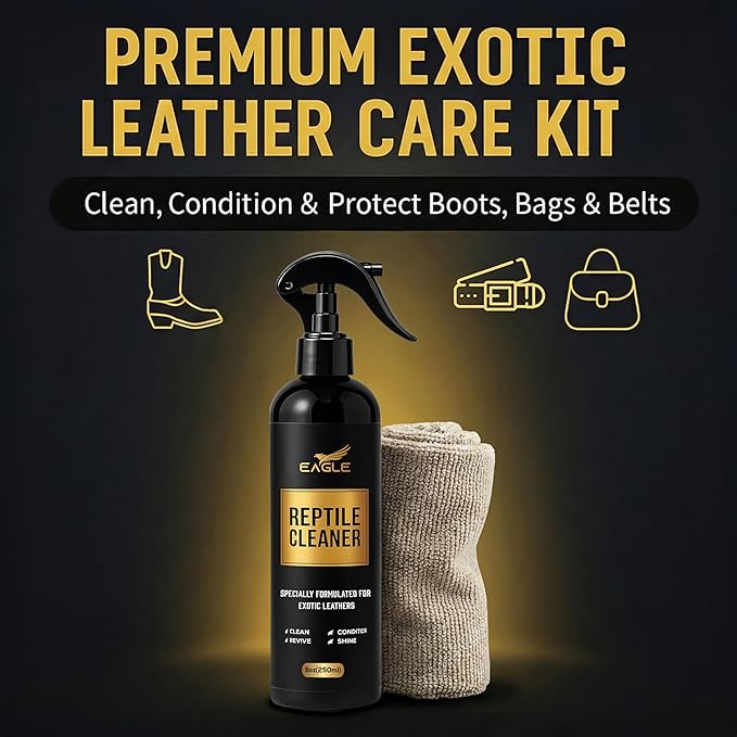 Exotic Leather Cleaner & Conditioner Spray – Cleans, Conditions & Protects Alligator, Crocodile, Snakeskin, Lizard, Ostrich & More – 8oz with Microfiber Cloth – Boots, Shoes, Bags, Belts
