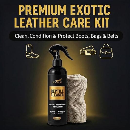Exotic Leather Cleaner & Conditioner Spray – Cleans, Conditions & Protects Alligator, Crocodile, Snakeskin, Lizard, Ostrich & More – 8oz with Microfiber Cloth – Boots, Shoes, Bags, Belts