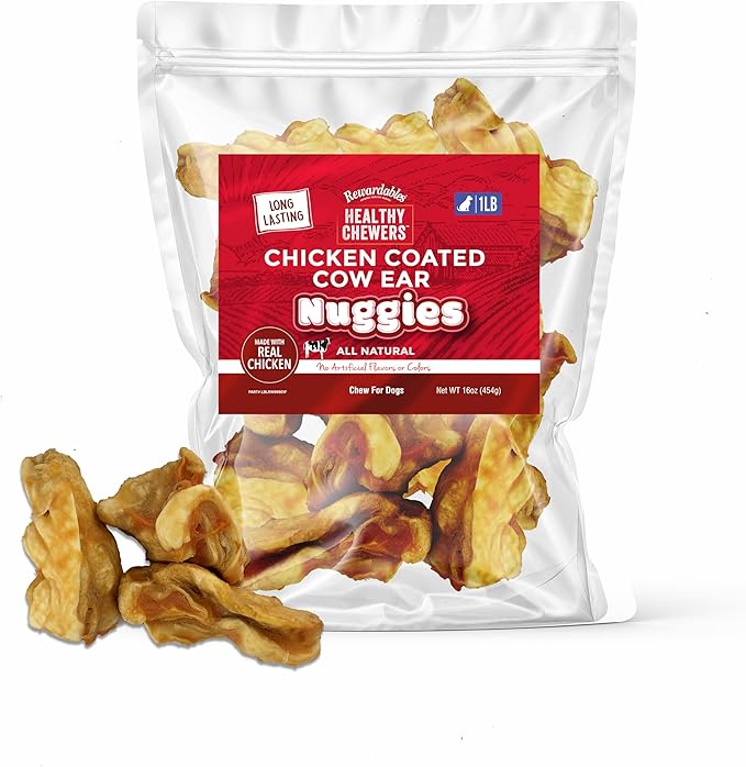 Rewardables Chicken Coated Cow Ear Nuggies for Dogs — Natural Long Lasting Dog Treats, No Artificial Flavors, 1 lb Bag — Ideal for Moderate to Aggressive Chewers