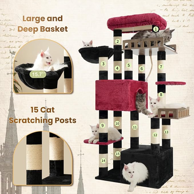 Gitelsnour Maine Coon Cat Tree, Heavy Duty Cat Tree for Indoor Cats Large Adult, Gothic Cat Tower for Large Cats 20 lbs+ with Hammock, 2 Big Perches, 2 Cat Condos, 15 Scratching Posts, Black GCT033BR