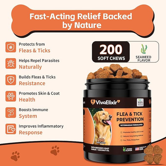 Flea and Tick Prevention for Dogs – 200 Soft Chews - Dog Flea and Tick Treatment & Oral Flea Pills – Skin & Coat Health - Made in USA - for Small, Medium, Large Dogs