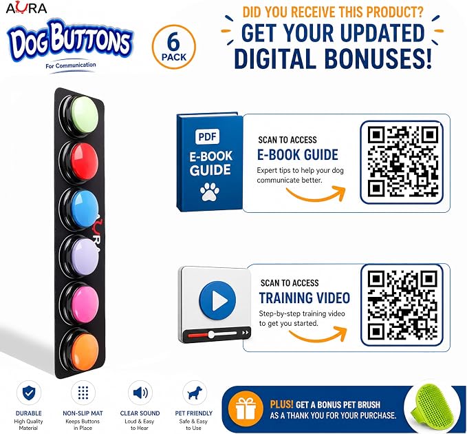 A-URA Dog Talking Buttons for Communication – 6 Recordable Dog Buttons with Anti-Slip Mat, Word Stickers, Training Guide & Video | Dog Communication Buttons for Potty Training, Daily Needs & Behavior