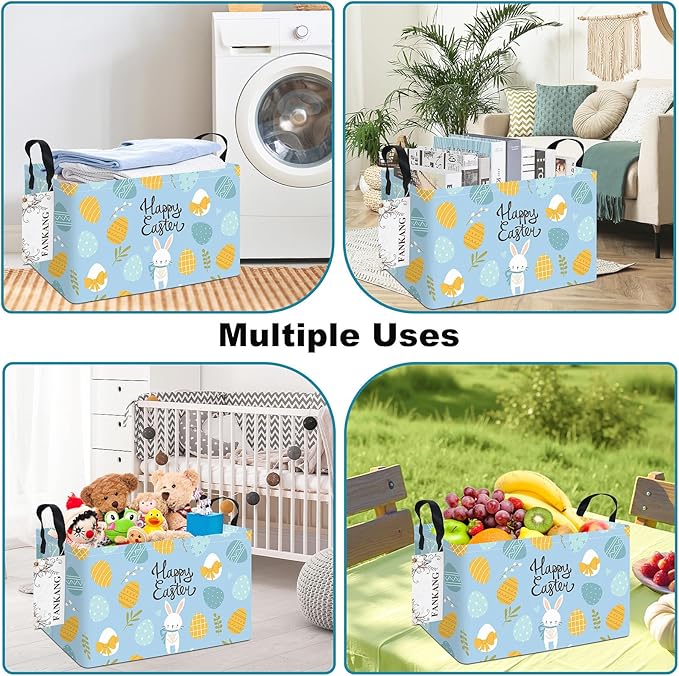 Storage Bins,Nursery Hamper Canvas Laundry Basket Foldable with Waterproof PE Coating Storage Baskets for Boys and Girls, Office, Bedroom, Clothes,Toys(Rec-Easter eggs ）