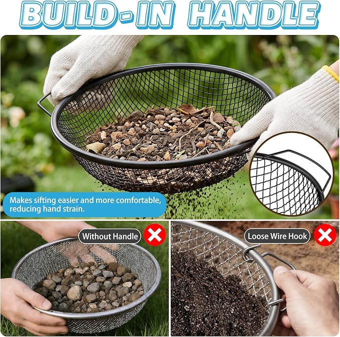 3PCS Soil Sifter for Gardening, Rock Soil Sifter with Handle Compost Sifting Screen for 5 Gallon Buckets with Metal Garden Shovel Gloves 3,6,10mm Mesh Sizes Remove Stone Fine Gravel Sand Dirt Black