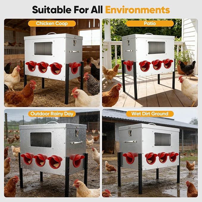 42 lb Large Automatic Chicken Feeder with Window - 8 Port No Waste Design, Rodent Proof Chicken Feeder, Galvanized Heavy-Duty Outdoor Metal Feeder, Weatherproof Silo for Hens, Ducks, Geese, Poultry