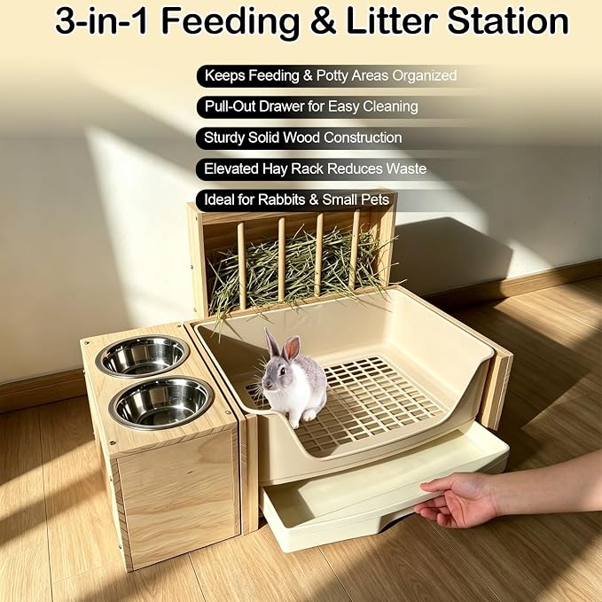3-in-1 Large Rabbit Hay Feeder with Drawer Litter Box, Sturdy Solid Wood Bunny Feeding Station with Hay Rack for Rabbits, Guinea Pigs, Chinchillas, Ferrets and Small Animals