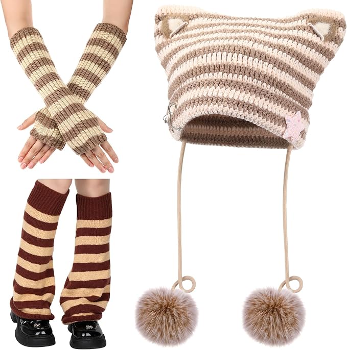 Y2k Beanie Cat Crochet Hats Cat Beanie Accessories with Kawaii Leg Cover for Women Girls