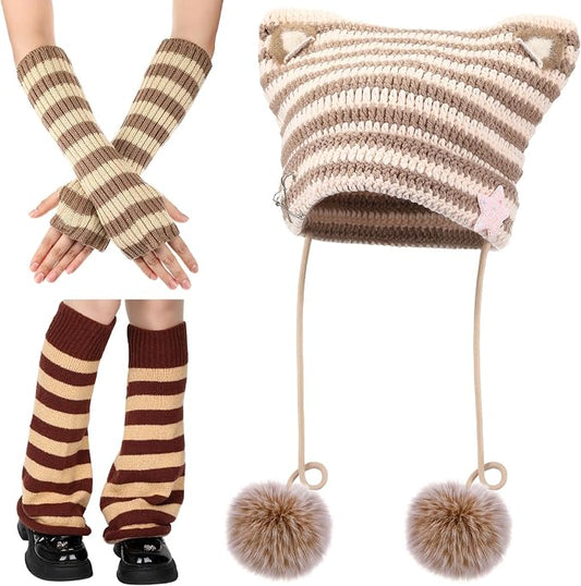 Y2k Beanie Cat Crochet Hats Cat Beanie Accessories with Kawaii Leg Cover for Women Girls