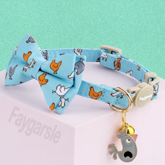Faygarsle 2 Pack Chicken Pattern Cat Collar Set with Bandana and Bowtie, Light Blue, Breakaway Safety Clasp with Bell