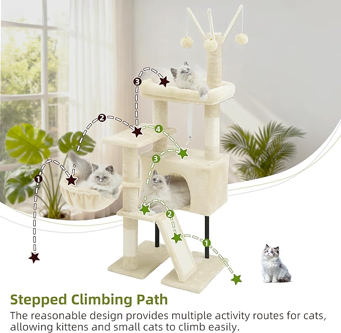 Gitelsnour Cat Tree for Indoor Cats, Cat Tower with Scratching Post for Small Cats and Kittens, Cat House with Removable Top Platform and Fluffy Balls, Hanging Cat Basket, Beige GCT006SM