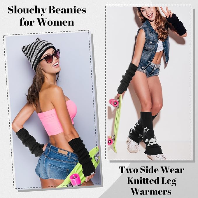 Y2k Leg Warmers for Women, Star Skull Leg Cover Kawaii Arm Warmers Beanie Cat Crochet Knitted Hats, Y2K Striped Alt Emo Dance Accessories
