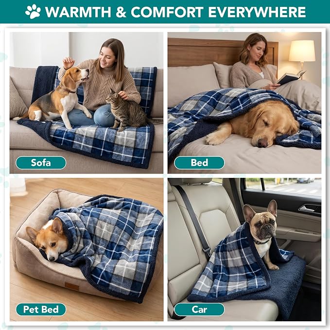PetAmi Dog Blanket for Small Medium Dogs and Cats, Soft Sherpa Fleece Pet Blanket Throw Puppies Kittens, Reversible Plush Couch Cover Protector Sofa Bed Crate, Machine Washable, 60x40, Plaid Navy Blue